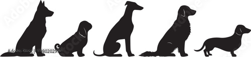 Black dog silhouettes collection, set of 5 canine breed vector icons, various domestic dog breeds in profile, pet shop and veterinary clinic graphics