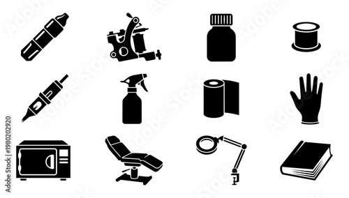 Tattoo Studio Equipment Silhouette Set, Tattoo Machine and Artist Tools Icons, Professional Tattoo Supplies Vector