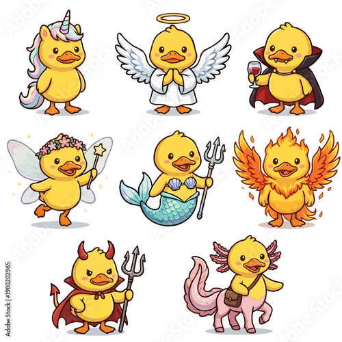 Set of 8 Cute Mythical Duckling Characters - Kawaii Yellow Duck Unicorn, Angel, Vampire, Fairy, Mermaid, Phoenix, Devil, and Axolotl Centaur - Vector Illustration