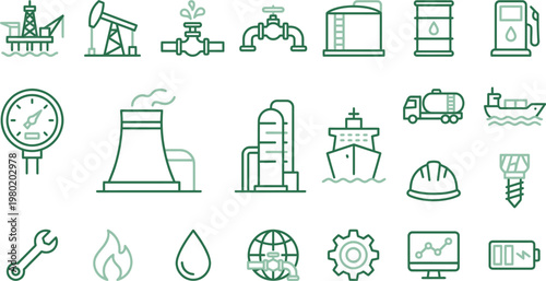 Modern green line icons illustrating oil, gas, and energy industry processes, production, and transportation.
