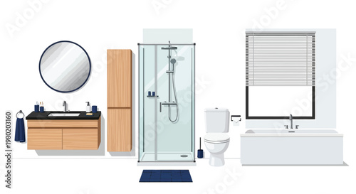 A modern well lit bathroom interior featuring a glass shower vanity toilet and bathtub