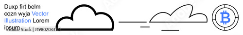 Cryptocurrency, blockchain, cloud storage, fintech, virtual currency, decentralized finance. Minimalistic cloud and Bitcoin symbol connected by lines. Cryptocurrency and blockchain concepts
