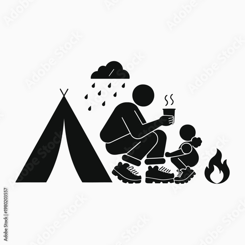 A man and a child sit by a campfire on a rainy day