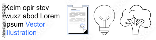 Business agreements, creative thinking, eco-friendliness, innovation, contracts, sustainability. A signed document, light bulb and tree illustration. Creative thinking and business agreements