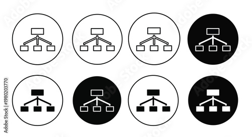 A series of eight circular icons depicting branching diagrams varying in color and fill