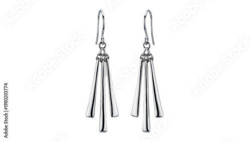 Vászonkép Isolated pair of sleek polished metallic silver dangle earrings, elegant fashion
