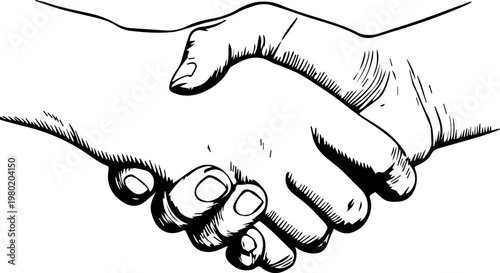Hand Drawn Handshake Black and White Illustration in Minimal Line Art Style Design