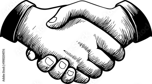 Hand Drawn Handshake Black and White Illustration in Minimal Line Art Style Design