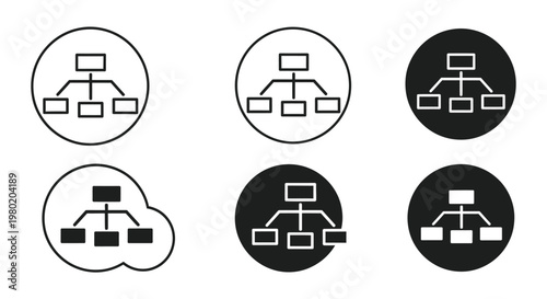 A series of black and white icons depicting hierarchical tree like structures in circles