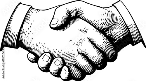 Hand Drawn Handshake Black and White Illustration in Minimal Line Art Style Design