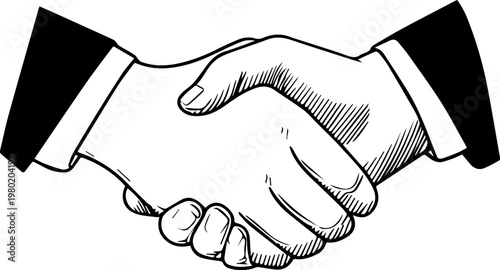 Hand Drawn Handshake Black and White Illustration in Minimal Line Art Style Design