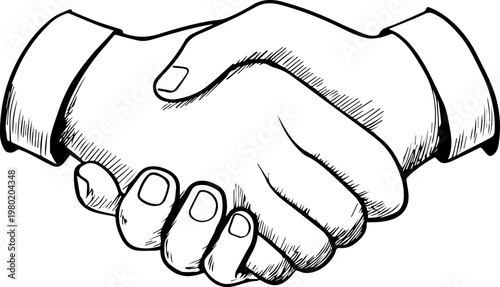 Hand Drawn Handshake Black and White Illustration in Minimal Line Art Style Design