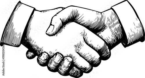 Hand Drawn Handshake Black and White Illustration in Minimal Line Art Style Design
