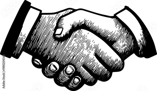 Hand Drawn Handshake Black and White Illustration in Minimal Line Art Style Design