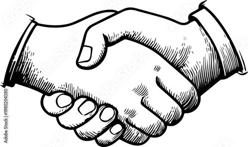 Hand Drawn Handshake Black and White Illustration in Minimal Line Art Style Design