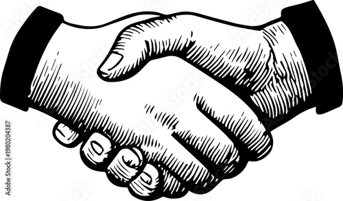 Hand Drawn Handshake Black and White Illustration in Minimal Line Art Style Design
