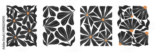 Bold daisy flower silhouettes in linocut printmaking stye.Scandinavian folk botanical illustration set.Vintage hand drawn wildflowers for prints,banners,wall art decor,branding,packaging and patterns.