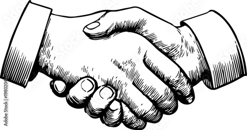 Hand Drawn Handshake Black and White Illustration in Minimal Line Art Style Design