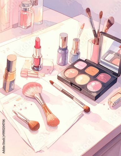 A watercolor illustration depicts a collection of makeup products, including lipstick, blush, brushes, and perfume, arranged on a surface with a sheet of paper.