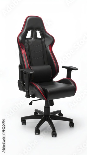 A black and red ergonomic gaming chair with adjustable armrests and a five-star base is presented against a clean white background, showcasing its design and functionality.