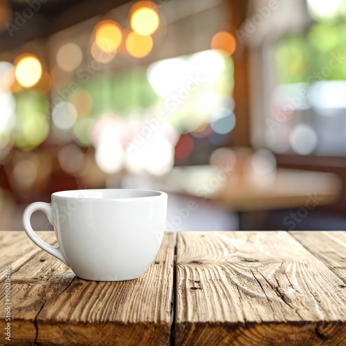 A pristine white ceramic cup rests on a rustic wooden table, bathed in soft, warm light from a blurred background suggesting a cozy cafe or restaurant setting.
