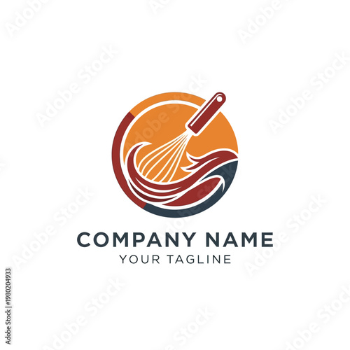 Whisk and liquid in a circular logo design for a company.