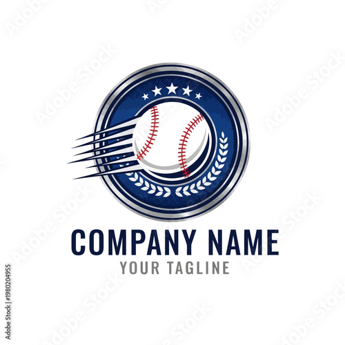 Baseball Logo Design with Flying Ball and Laurel Wreath Emblem.