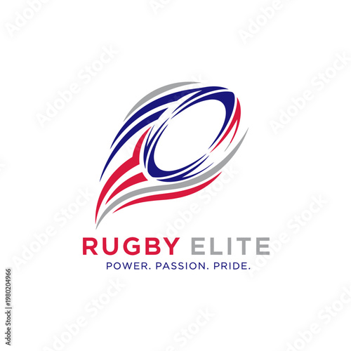 Rugby Elite Logo with Dynamic Ball Design and Motivational Slogan.