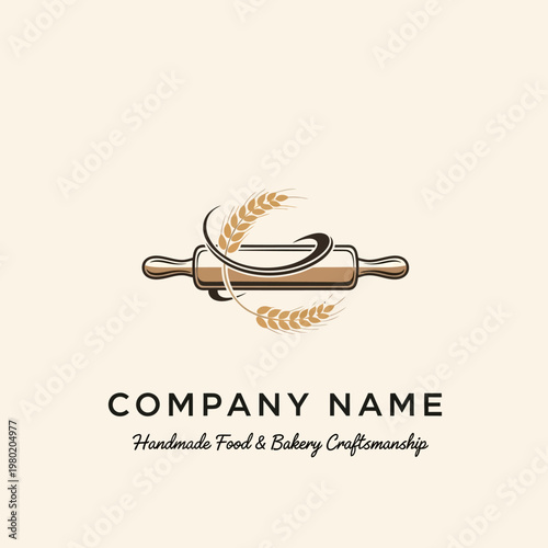 Vintage Rolling Pin with Wheat Stalks Logo Design for Bakery Business.