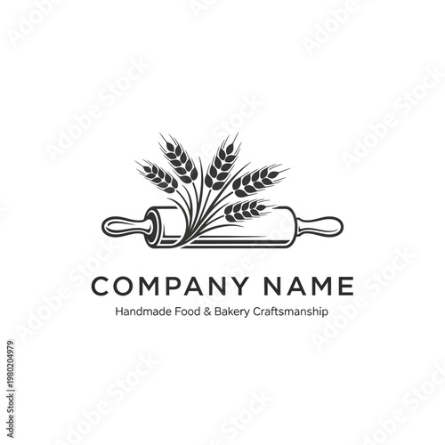 Bakery and Food Craftsmanship Logo with Wheat and Rolling Pin.