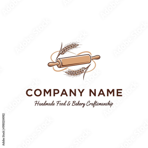 Hand-drawn rolling pin and wheat ears logo for a bakery or food company.