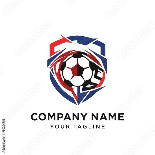Dynamic Soccer Ball Shield Logo Design for Sports Company Branding.