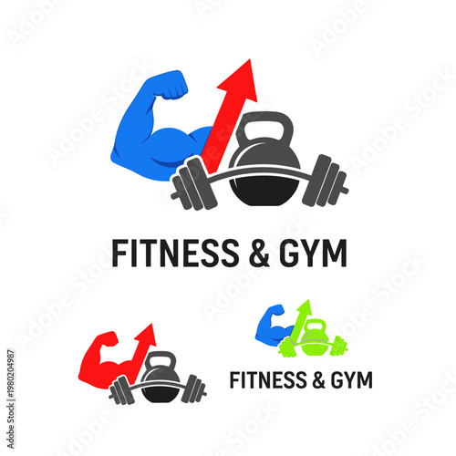 Fitness and Gym Logo Design with Bicep, Kettlebell, Barbell, and Upward Arrow.