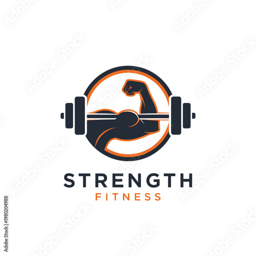 Strength Fitness Logo with Bicep and Barbell Design.