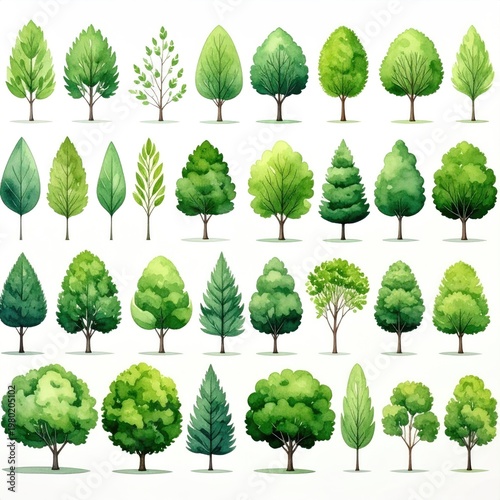 A vibrant collection of watercolor trees and foliage.