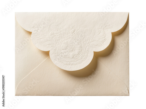 Isolated elegant cream-colored wedding envelope with embossed floral design and decorative scalloped flap