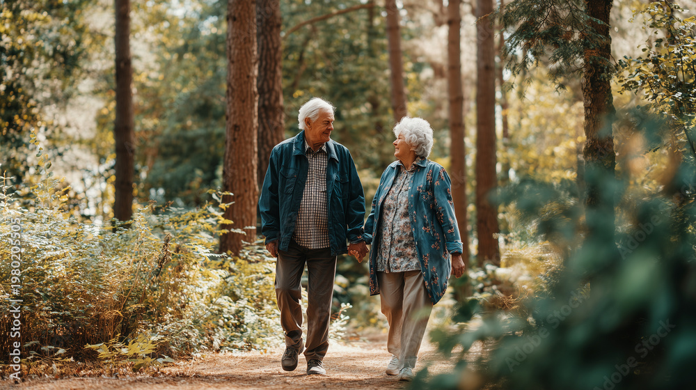 Fototapeta premium Senior couple walking hand in hand, emotional connection, lifestyle moment, natural light, copy space