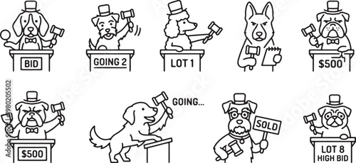 Auctioneer Dog Bidding and Sales Lot Management Icons Set