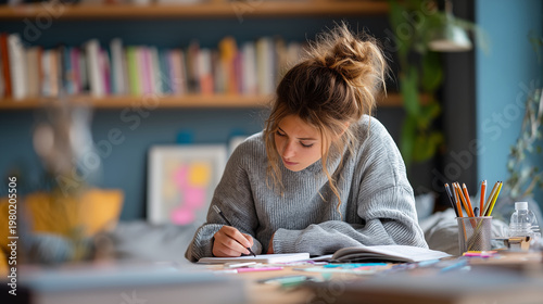 Teen girl studying with notebook at desk, education lifestyle, focused mood, copy space