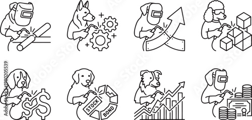 Industrial dogs welding financial symbols and economic growth charts together