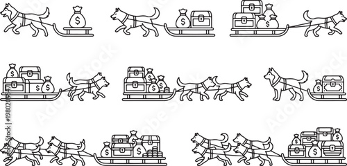 Husky sled dogs pulling heavy loads of money bags and treasure chests