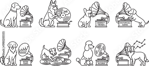 Fotografia Dogs analyzing historical financial trends and boom years on vintage gramophones