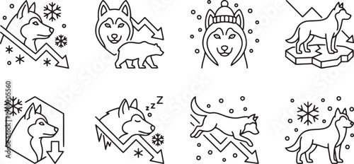 Husky dogs representing bear market trends and economic recession in winter