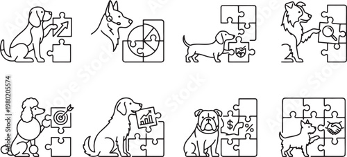 Strategic dogs solving business puzzles and assembling financial growth strategies