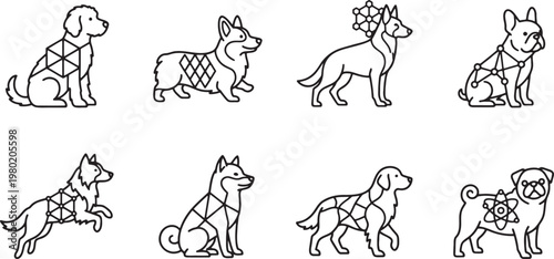 Abstract geometric dog icons with molecular connections and digital networks