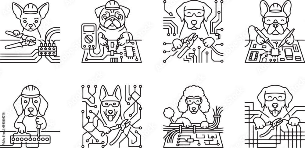 Obraz premium Technical dog engineers repairing electronic circuit boards with hardware tools and equipment