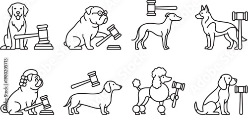 Dog judges presiding over legal matters with gavels in a courtroom setting