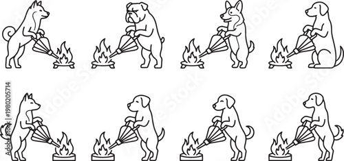 Dogs using traditional bellows to fan the flames of a fireplace or forge