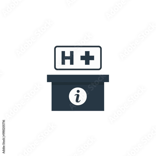 Flat design icon of a hospital information desk, medical reception counter with 'H+' sign and 'i' symbol for patient assistance and health service queries, representing healthcare support and guidance