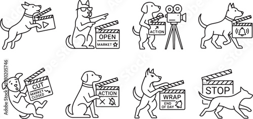 Movie production dog characters using clapperboards for market opening and closing sessions
